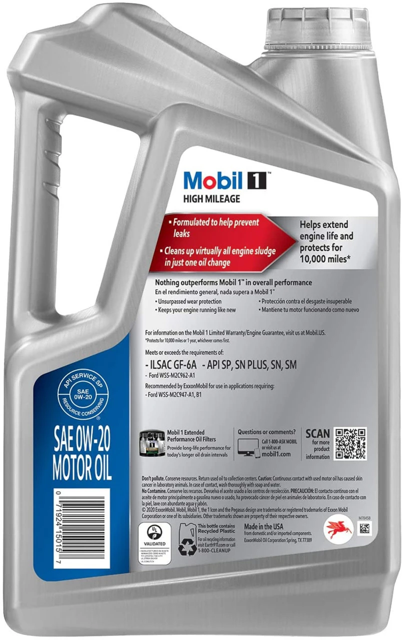 Mobil 1 High Mileage Full Synthetic Motor Oil 0W-20 5 Quart Jug - Image 2